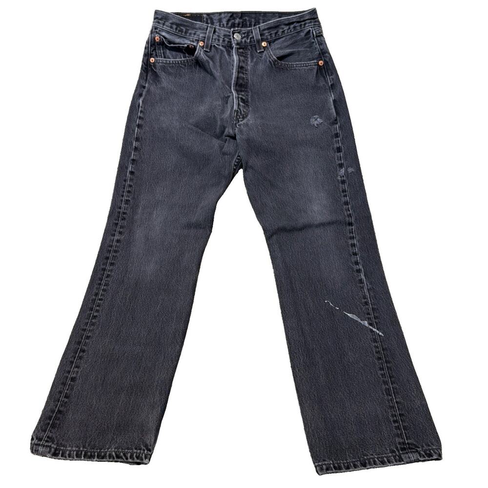 1990s vintage black denim Levi 501 button fly USA made 29x28.5- See Description